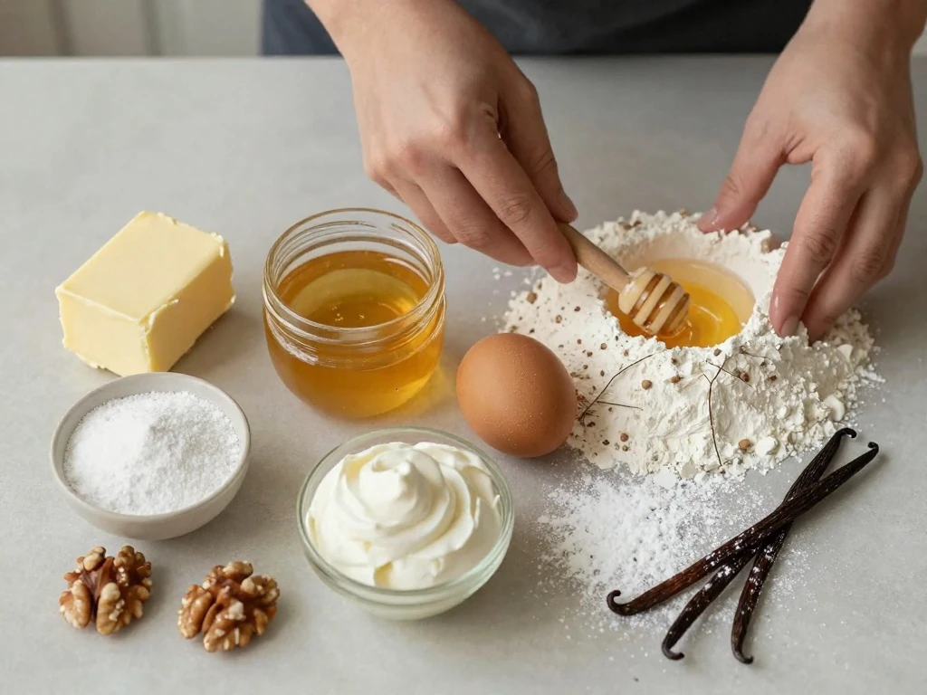 Ingredients for Russian honey cake Medovik arranged for baking