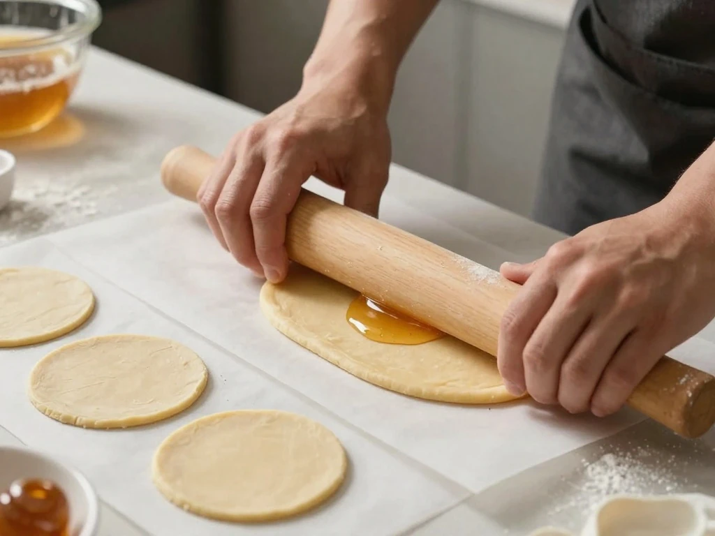 Rolling thin warm dough rounds for homemade Medovik layers