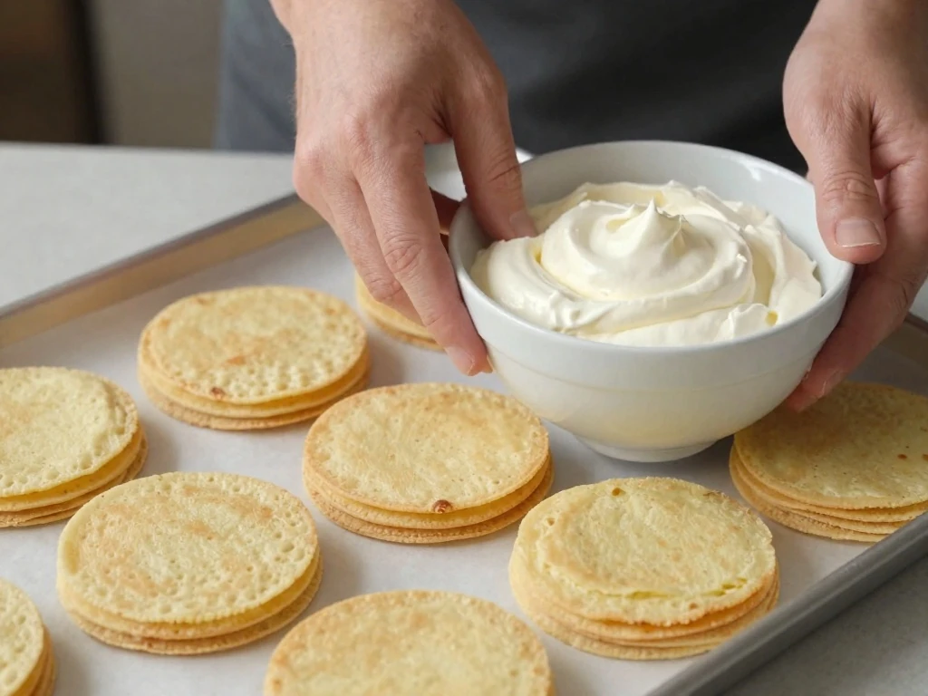 Thin golden Medovik cake layers cooling before assembly