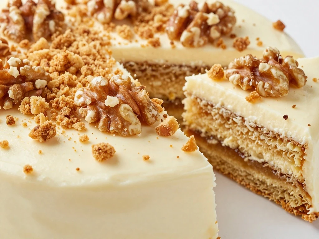 Medovik cake decorated with fine crumbs and optional chopped walnuts