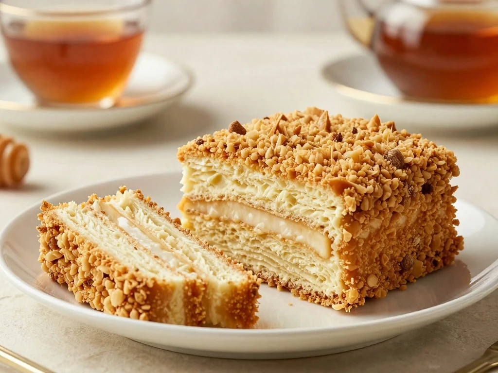 Festive sliced Russian honey cake Medovik ready to serve