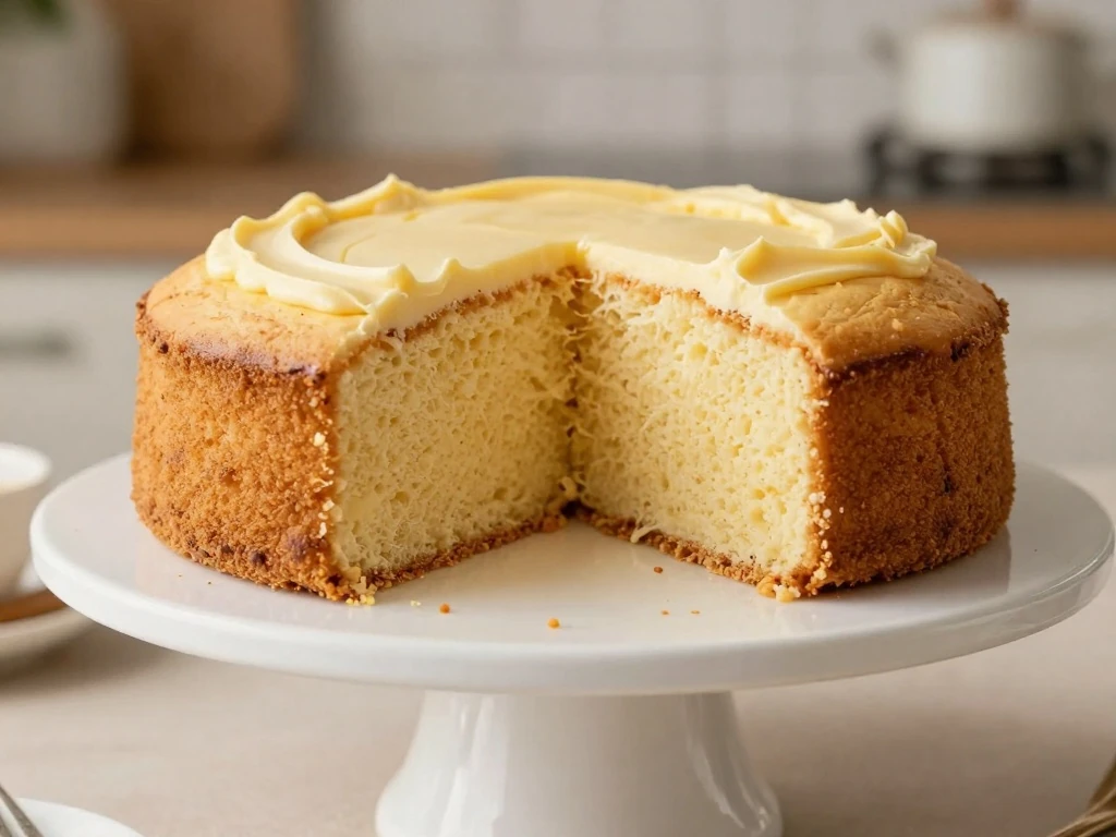 A slice of soft vanilla cake showing its tender golden crumb