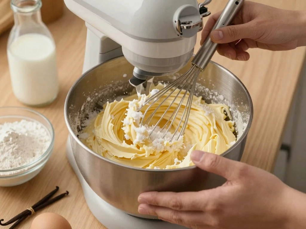 Creaming butter and sugar for a soft vanilla cake