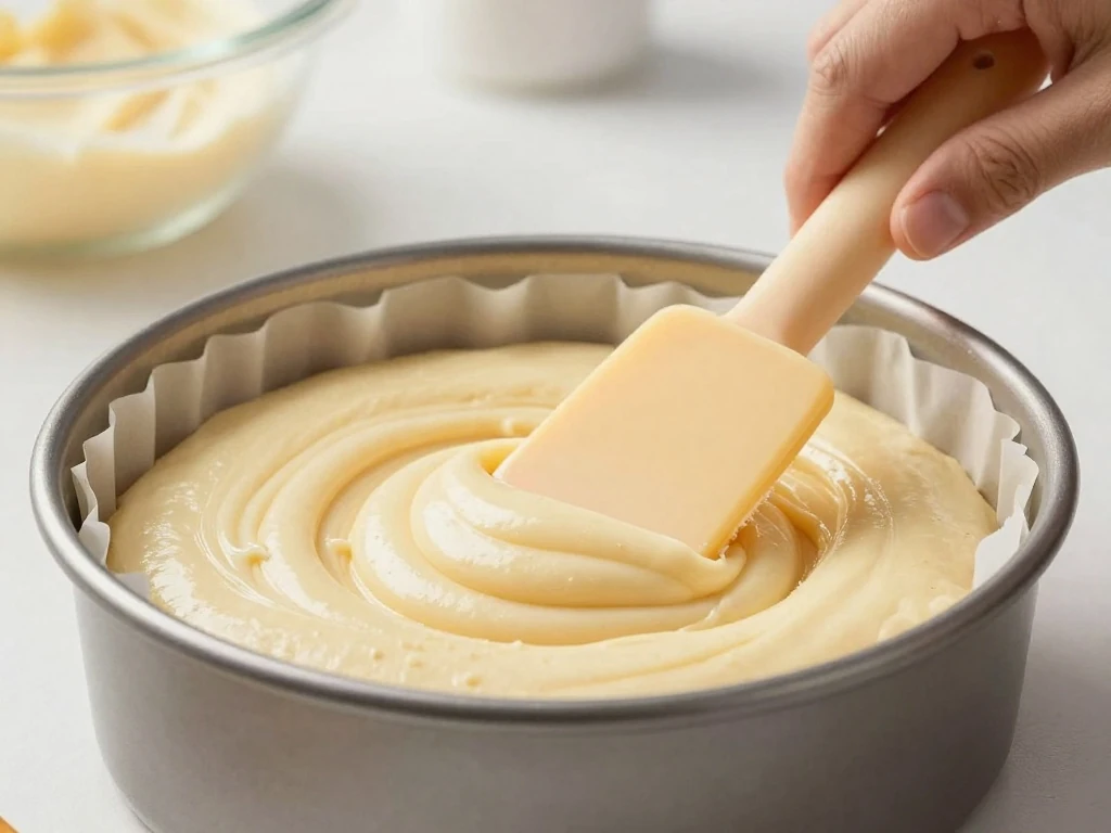 Smooth vanilla cake batter in a prepared round cake pan