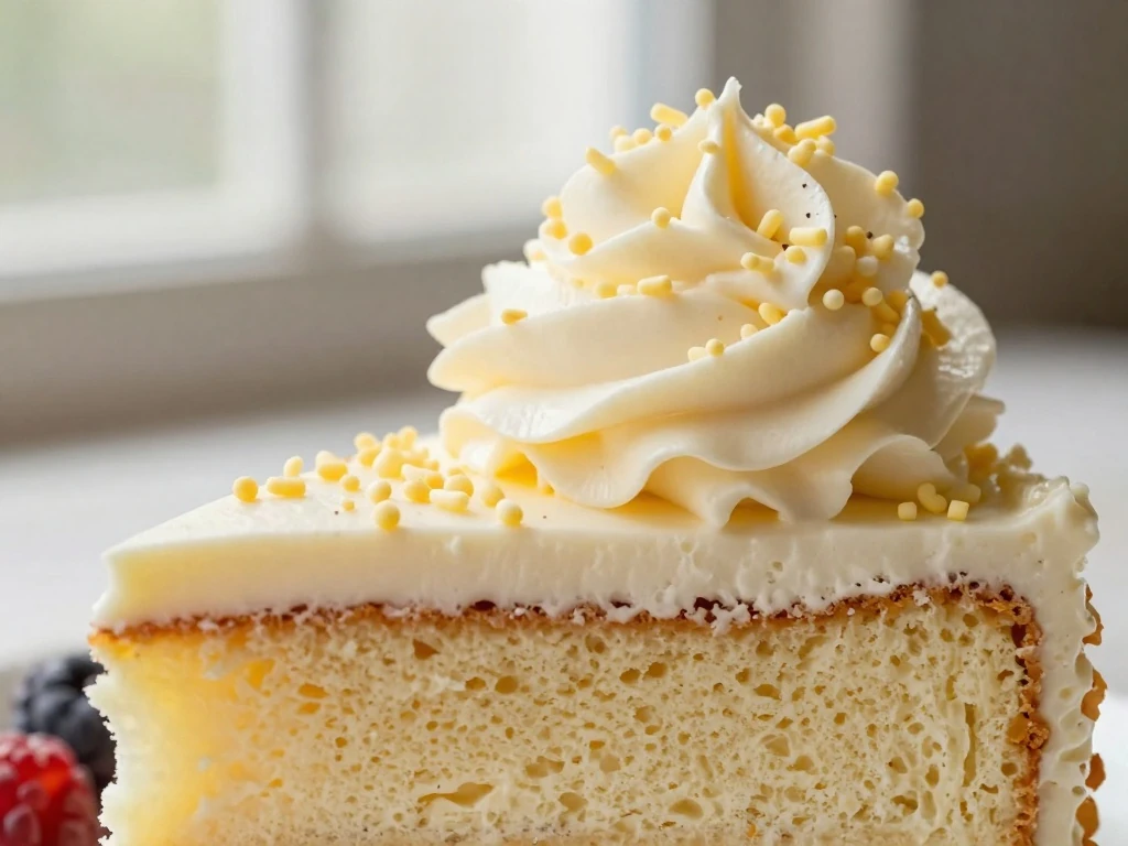 Vanilla cake slice with buttercream and simple garnish