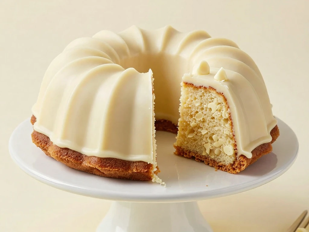 Moist white-chocolate Bundt cake with a slice showing the tender crumb