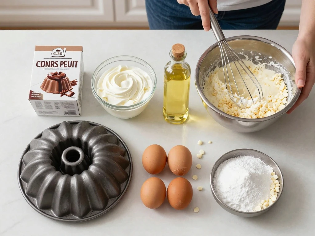 Ingredients for Heavenly White German Chocolate Cake arranged on a counter