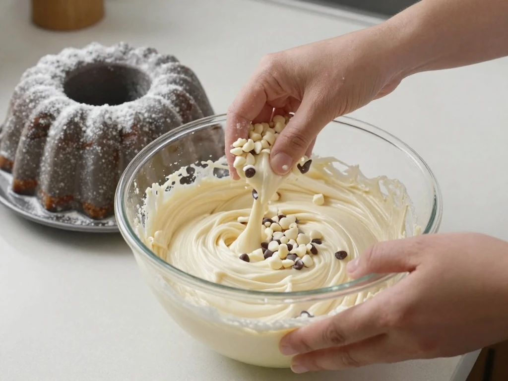 White-chocolate cake batter being folded with white-chocolate chips