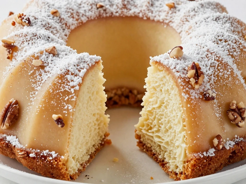White-chocolate Bundt cake slice with confectioners’ sugar and coconut pecan topping