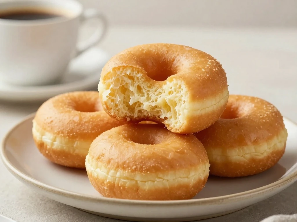 Stack of homemade fried cake donuts with a tender cakey center
