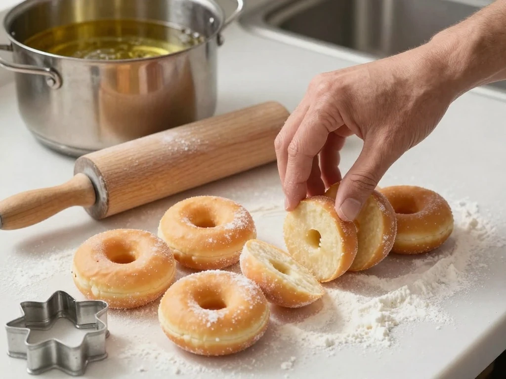 Cut cake donut rings ready for frying