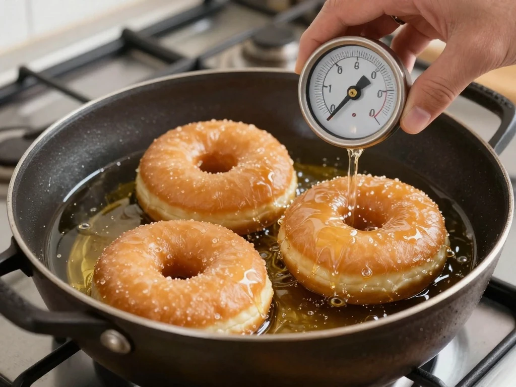 Cake donuts frying in temperature-controlled oil
