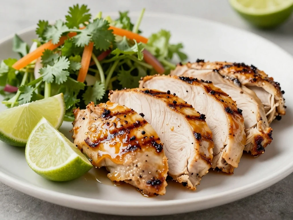 Sliced honey tequila lime chicken with lime wedges and cilantro