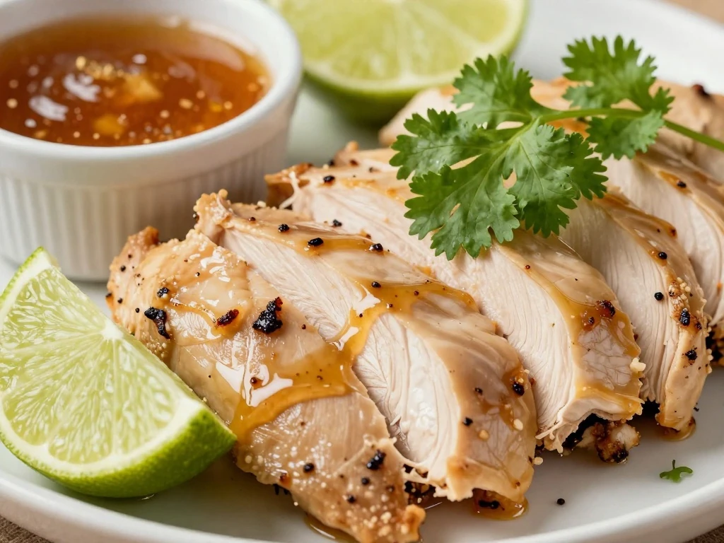Honey tequila lime chicken garnished with cilantro and lime