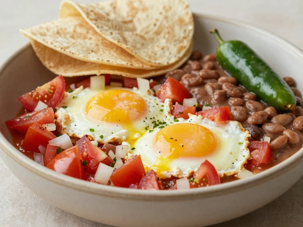 Huevos a la Mexicana with tomatoes, onion, chile, tortillas, and refried beans