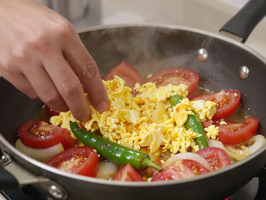 Eggs being folded into sautéed tomatoes, onion, and chile