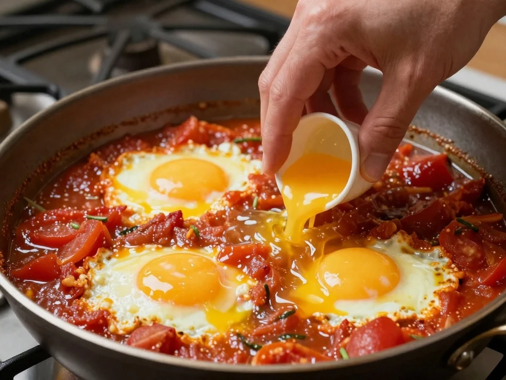 Soft glossy scrambled eggs cooking with Mexican vegetables