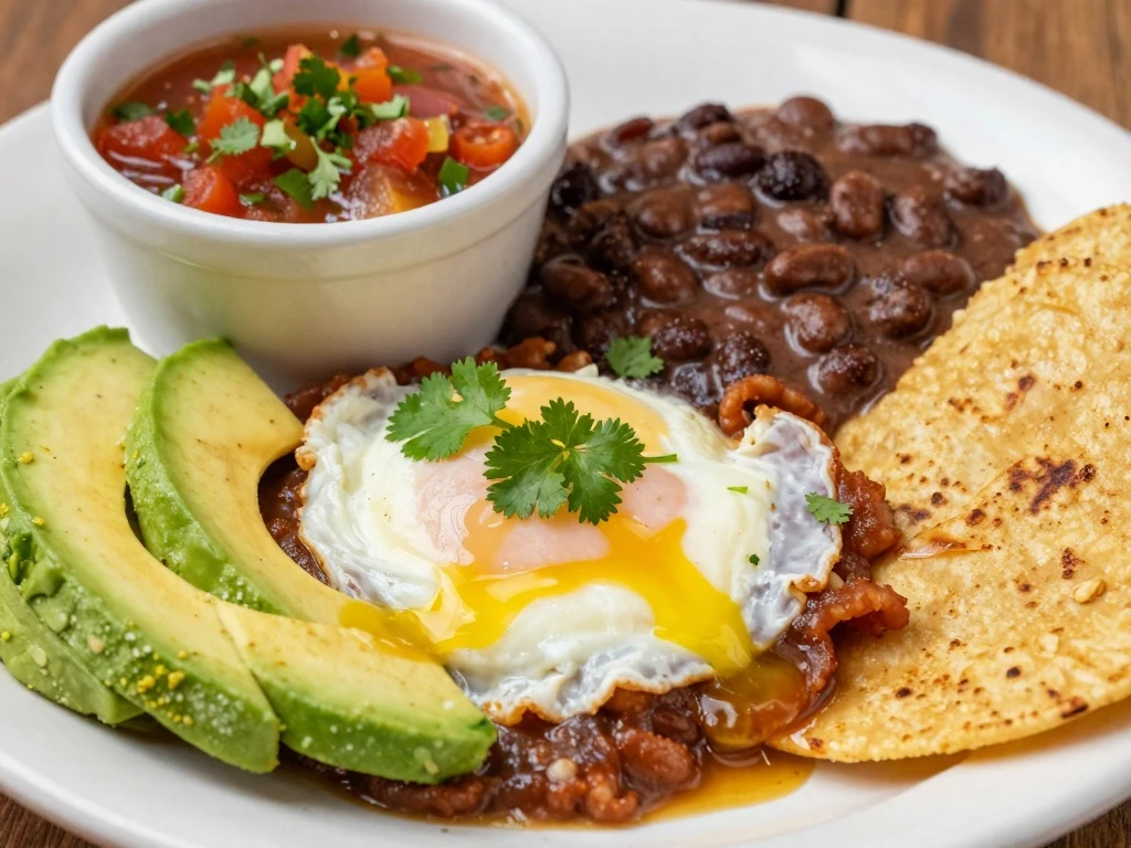Huevos a la Mexicana served with cilantro, avocado, tortillas, beans, and salsa