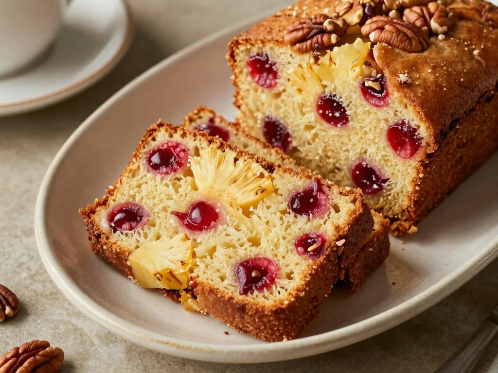 Slices of old-fashioned icebox fruitcake with candied cherries, pineapple, and pecans