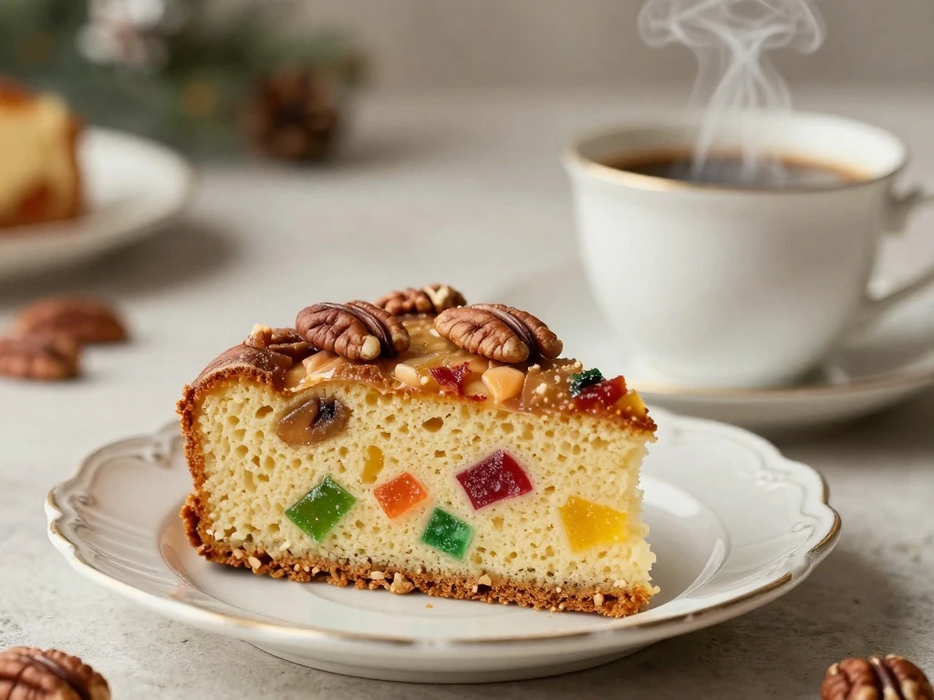 Icebox fruitcake slice served with coffee