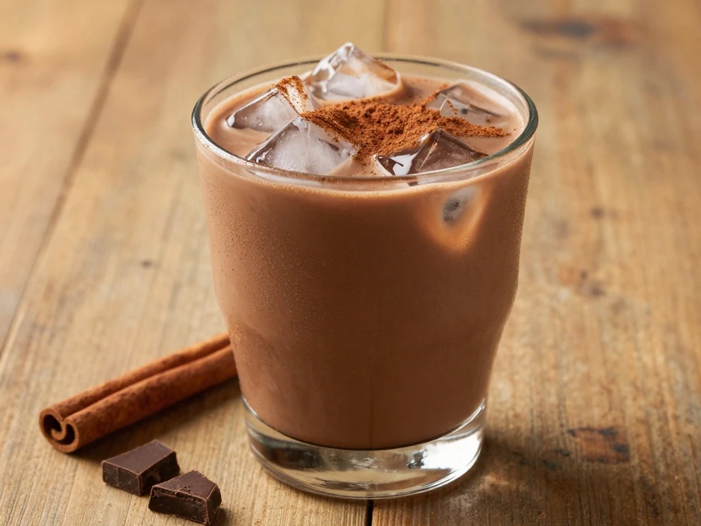 Finished iced Mexican chocolate with cinnamon and ice