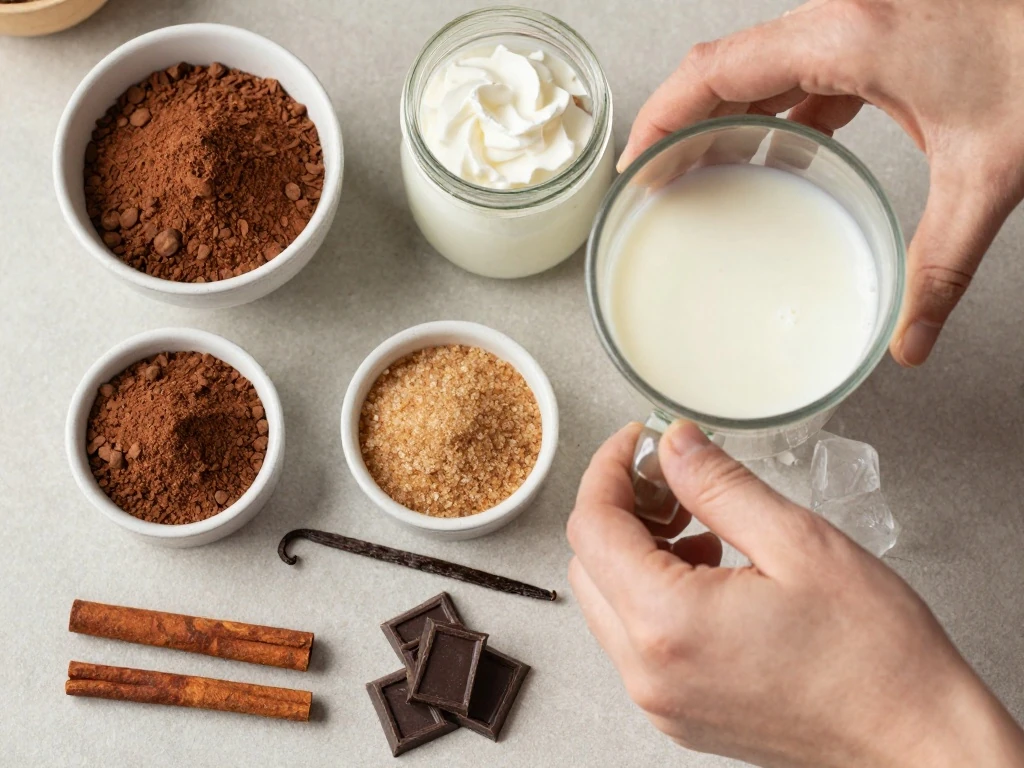 Ingredients for homemade iced Mexican chocolate