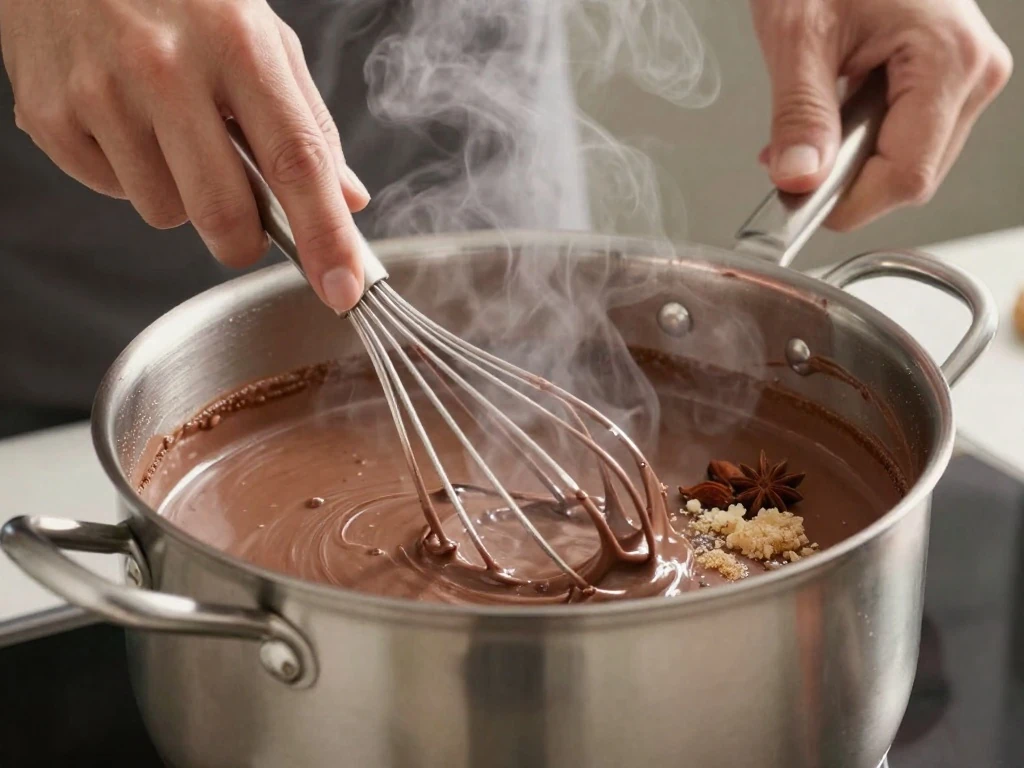 Whisking the warm chocolate base for iced Mexican chocolate