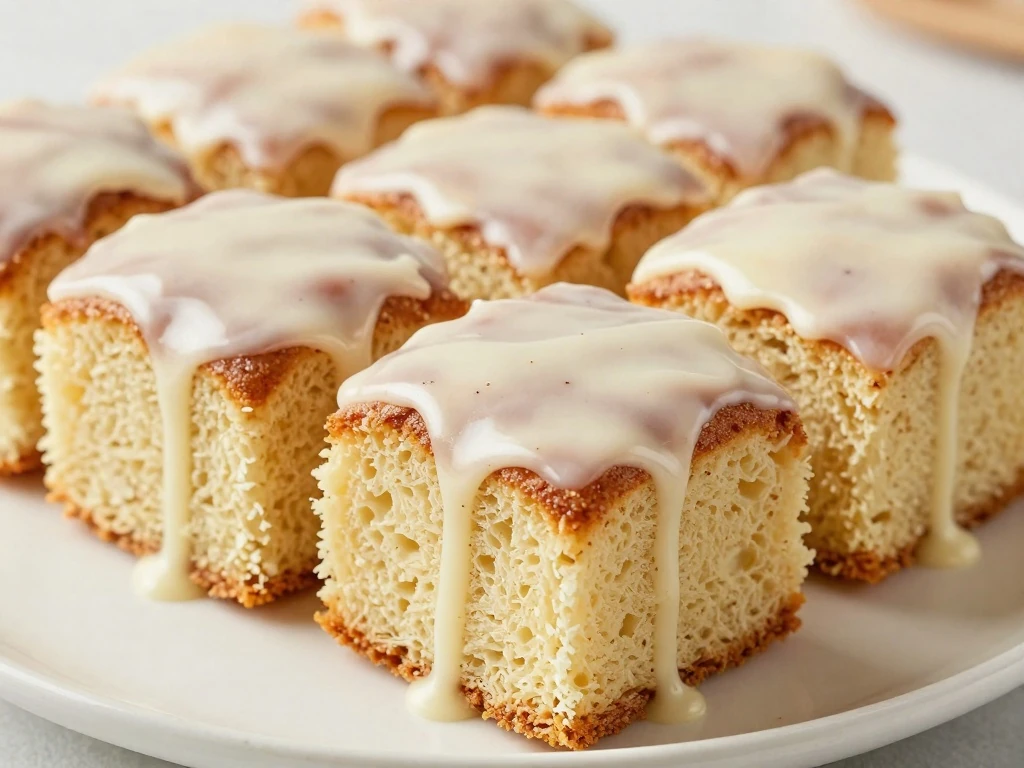 Sliced honey bun cake with vanilla glaze and cinnamon filling
