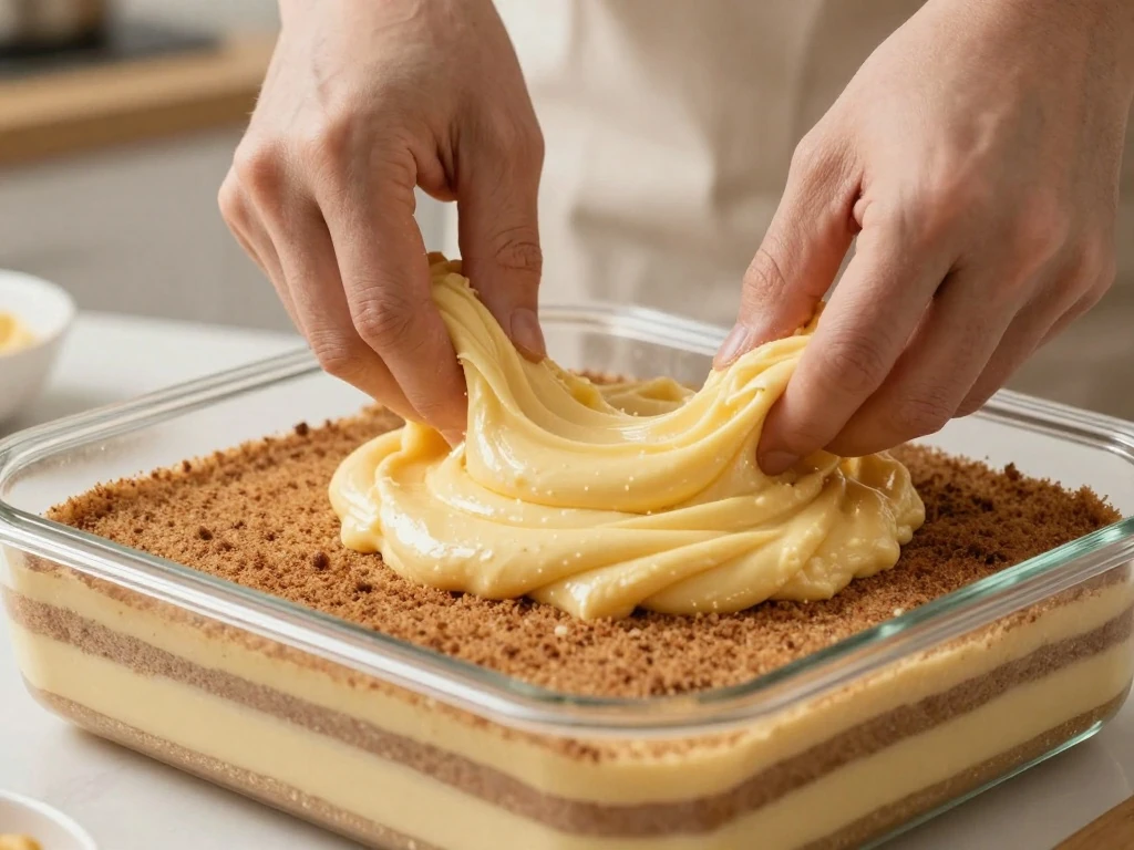 Layering batter and cinnamon filling for honey bun cake