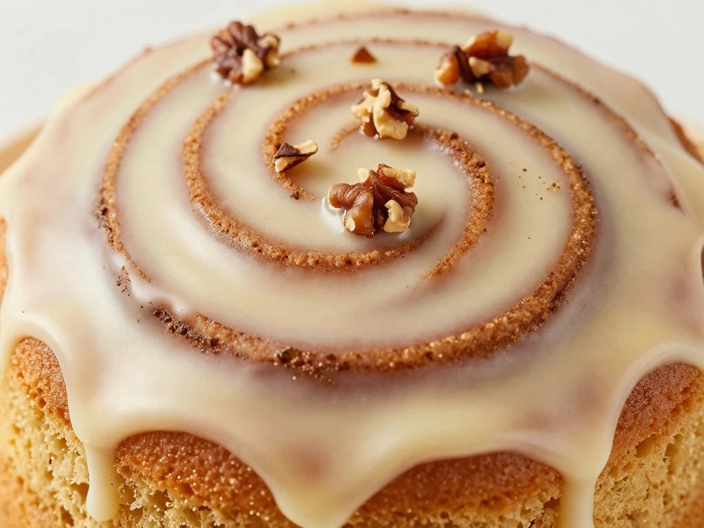 Close-up of glazed cinnamon swirl on honey bun cake