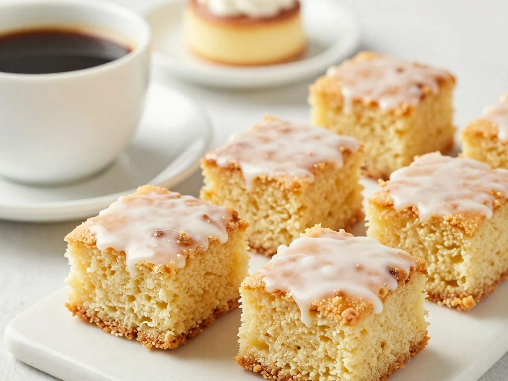 Honey bun cake squares served with coffee