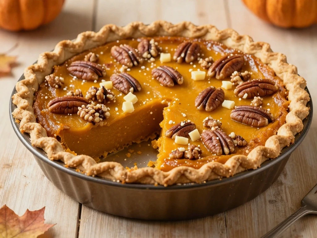 Pumpkin pie cake with a soft pumpkin layer and golden pecan topping
