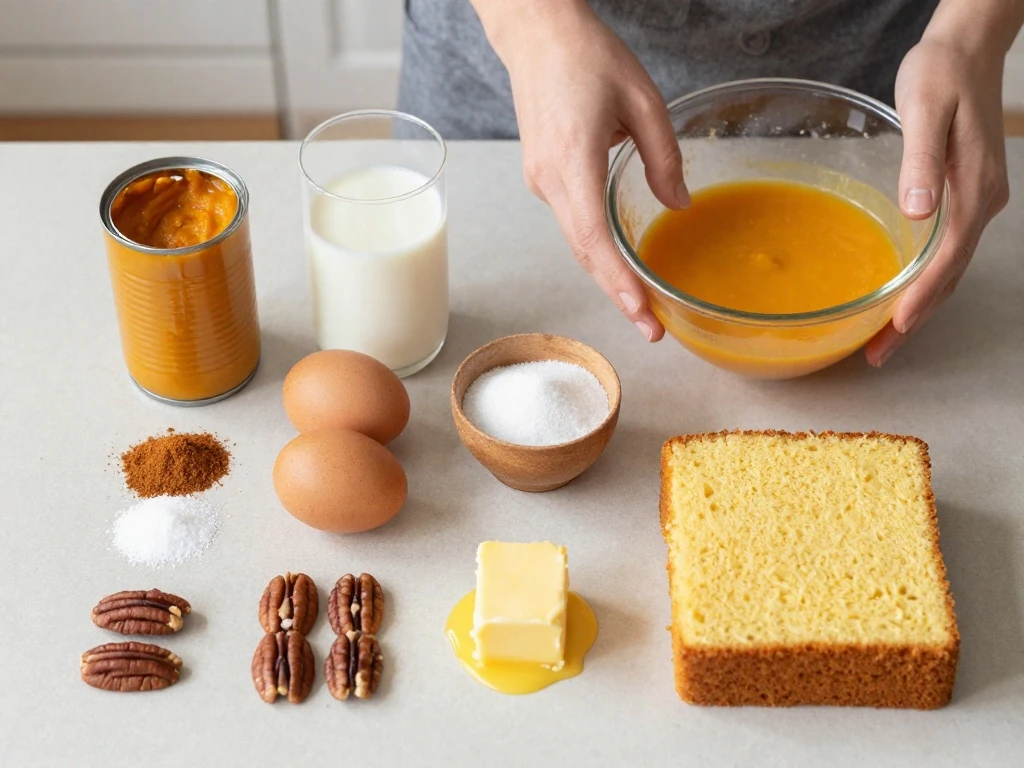 Ingredients for pumpkin pie cake arranged for baking