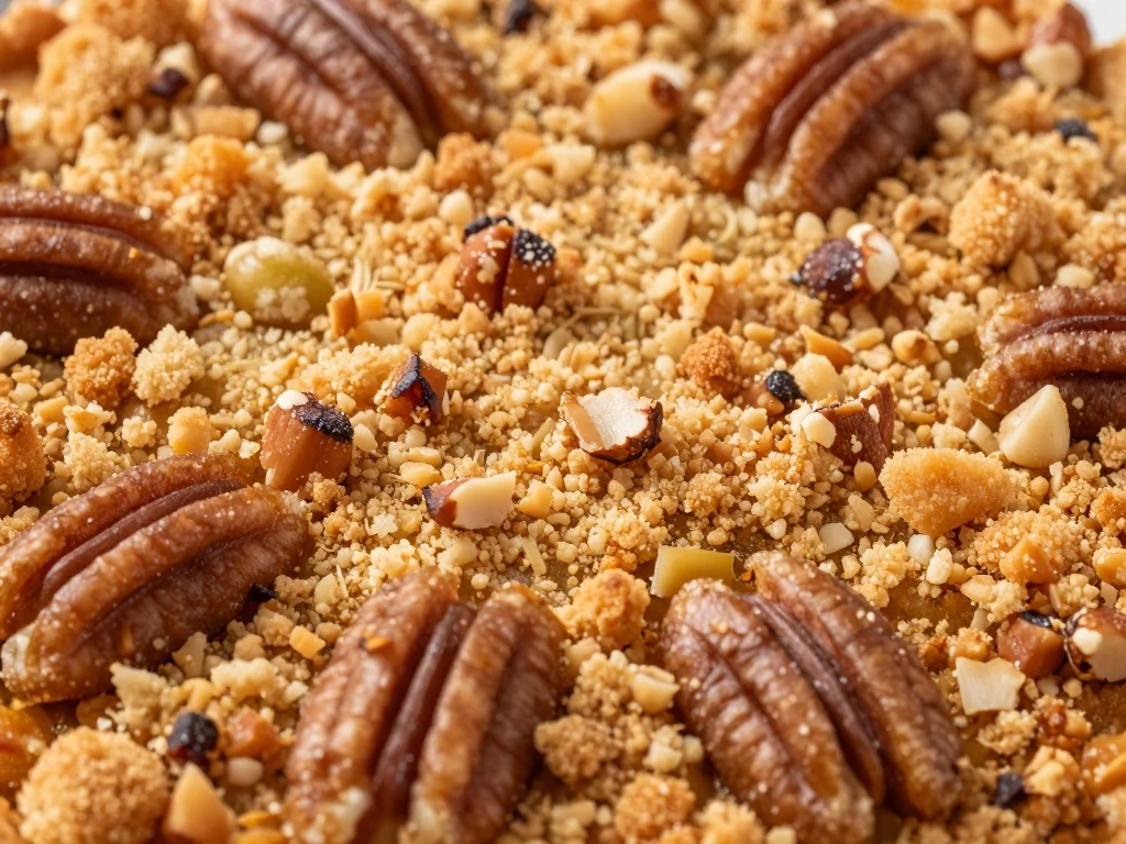 Golden buttery pecan topping on pumpkin pie cake