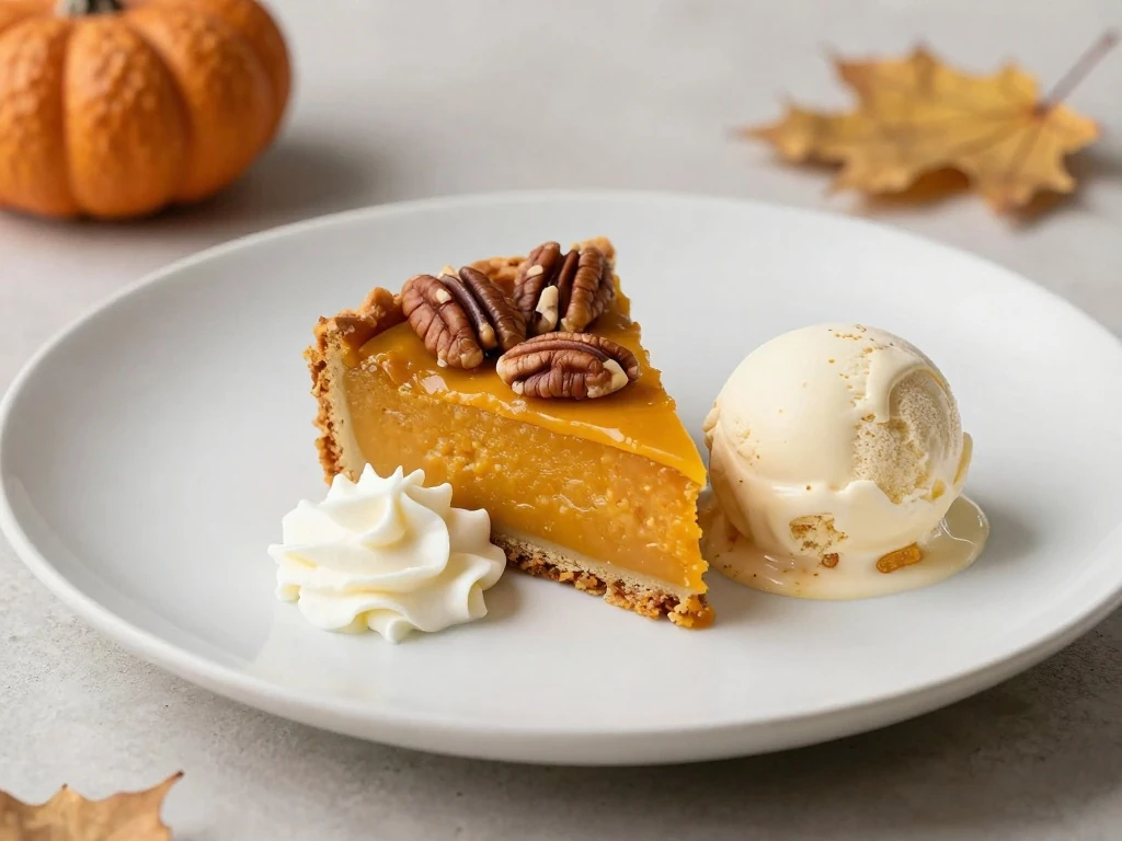 Slice of pumpkin pie cake served with whipped cream and vanilla ice cream