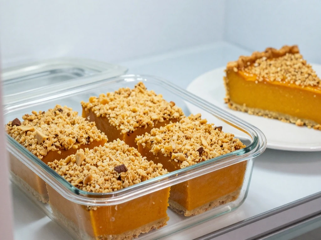 Chilled pumpkin pie cake squares ready for storage