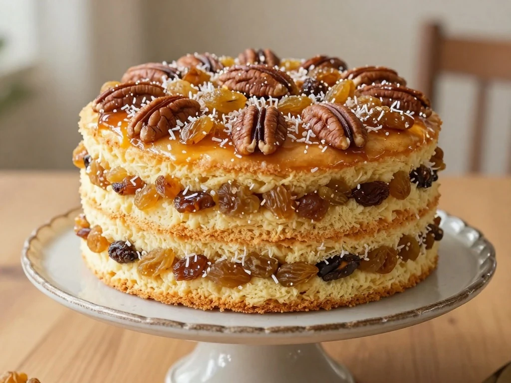 Three-layer Japanese fruit cake with raisin, coconut, and pecan filling