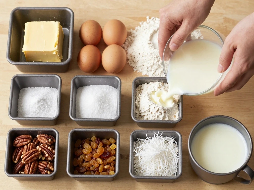 Ingredients for Japanese fruit cake arranged for baking
