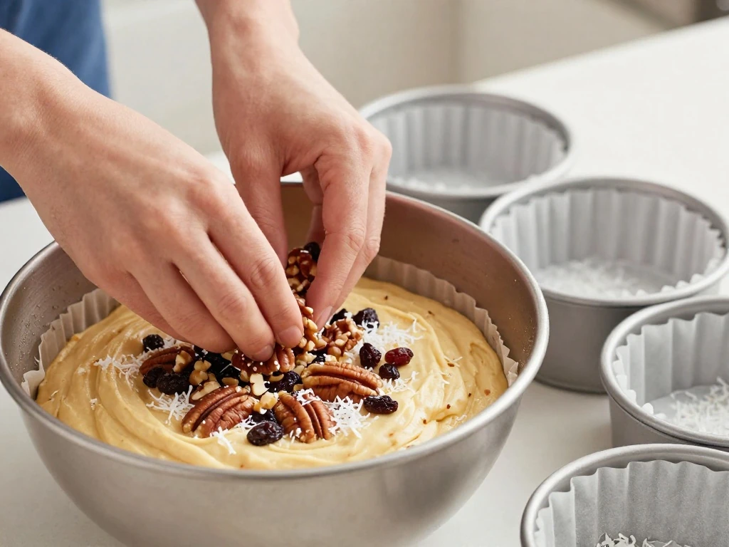 Cake batter being folded with pecans raisins and coconut