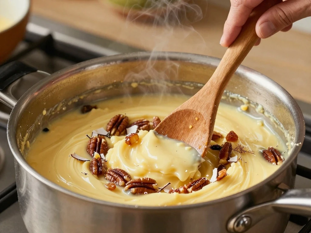 Buttery pecan raisin and coconut filling cooking in a saucepan