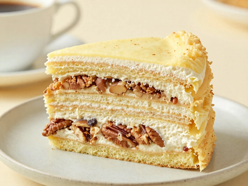 Slice of Japanese fruit cake showing its layered filling