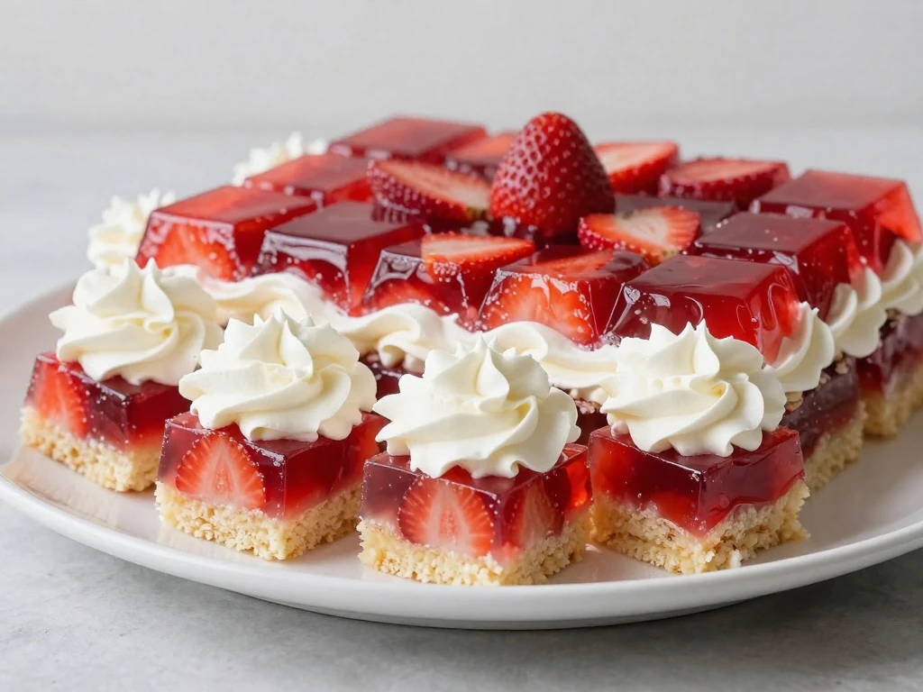 Strawberry Jello poke cake served in neat dessert squares