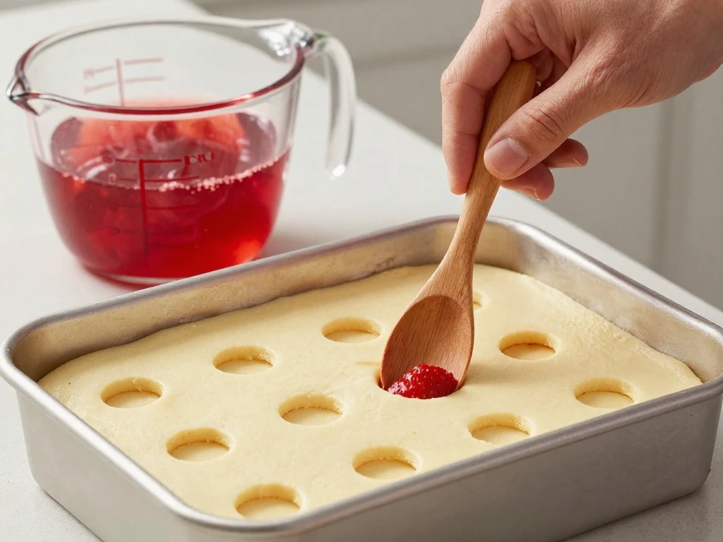 Poking holes in a sheet cake for strawberry gelatin