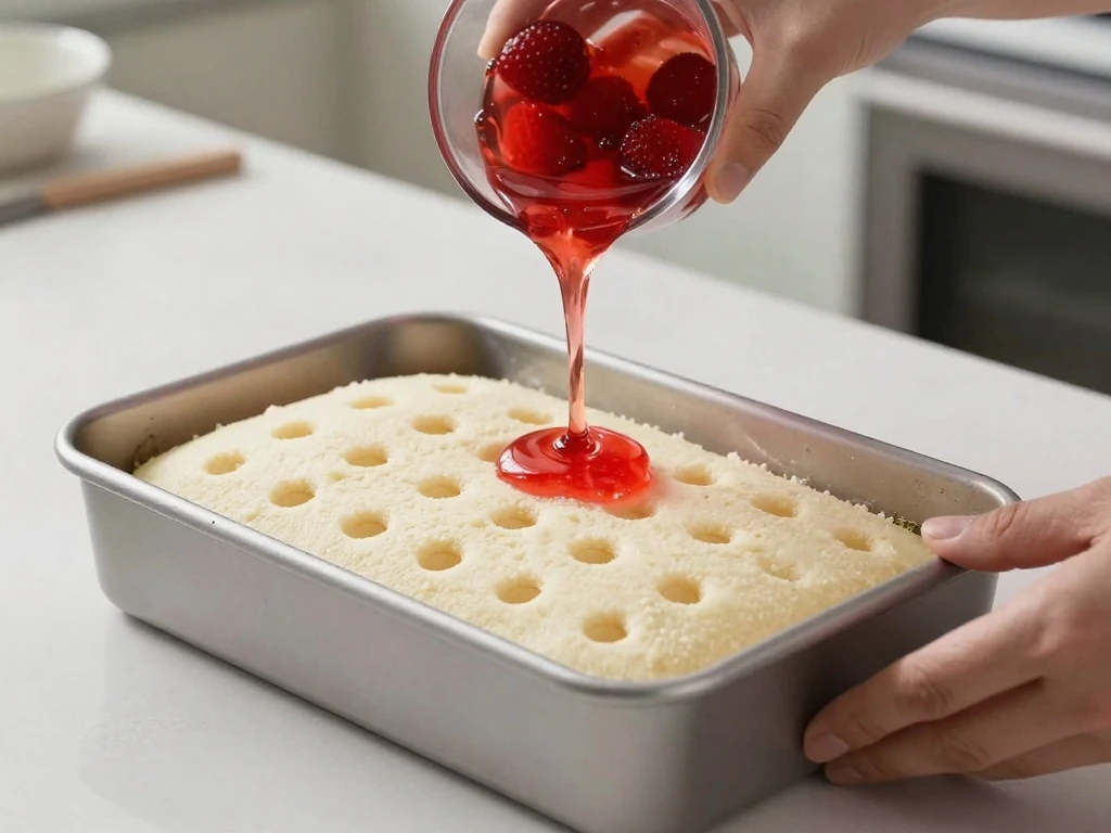 Pouring strawberry gelatin over a poke cake