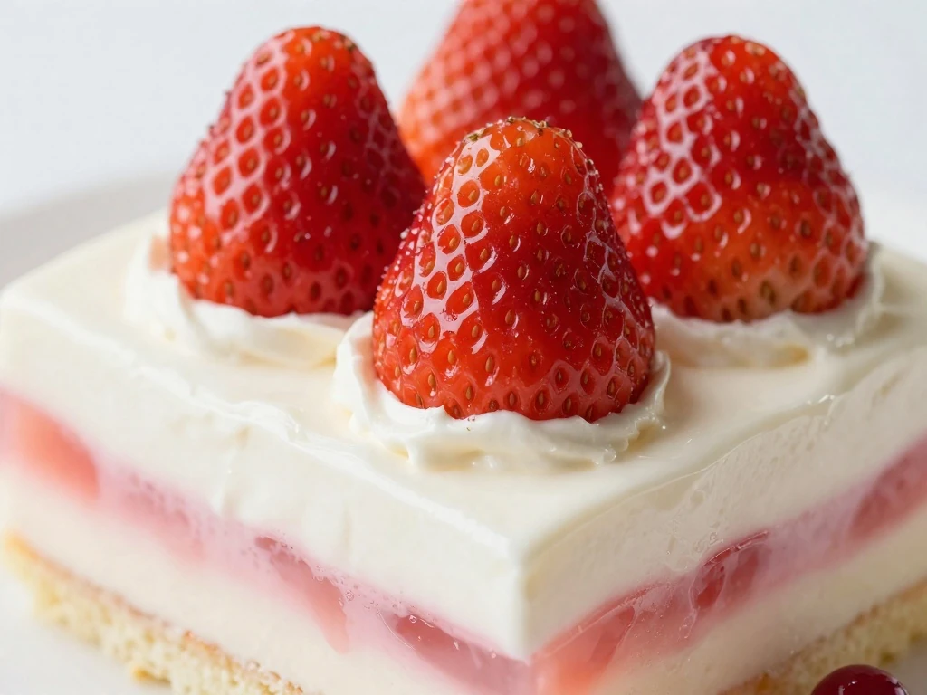 Close-up slice of strawberry Jello cake with fresh berries