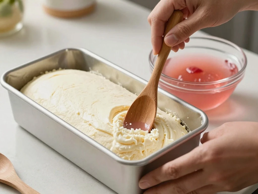 Slowly pouring gelatin into holes in a poke cake
