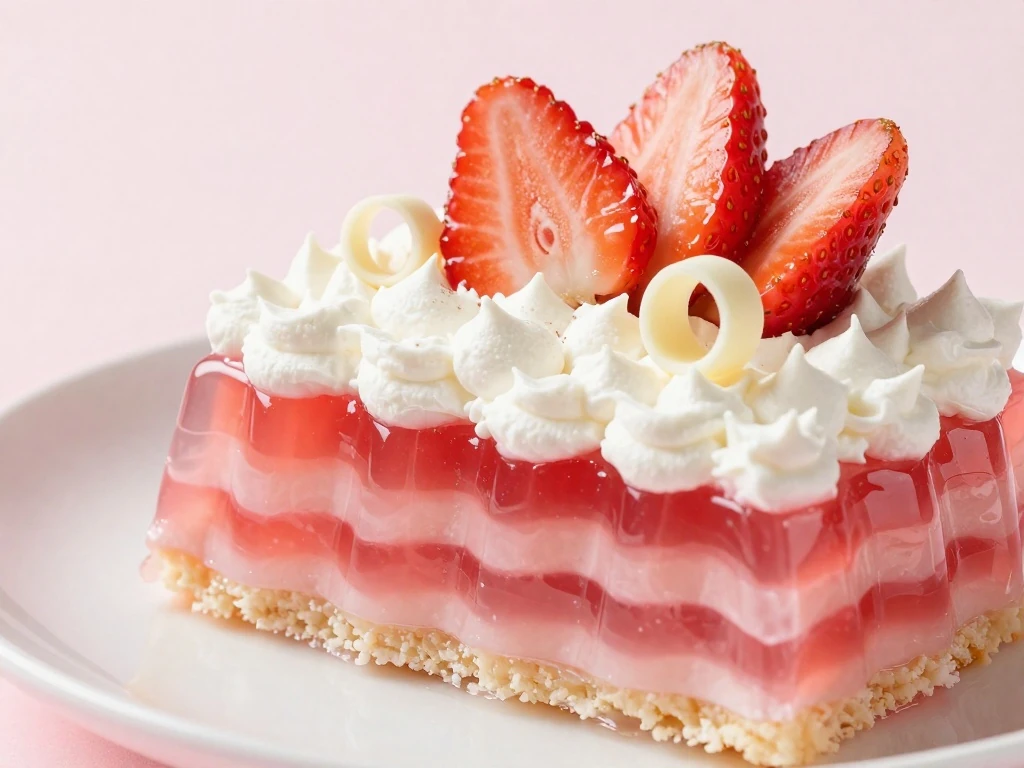 Chilled slice of strawberry Jello poke cake ready to serve