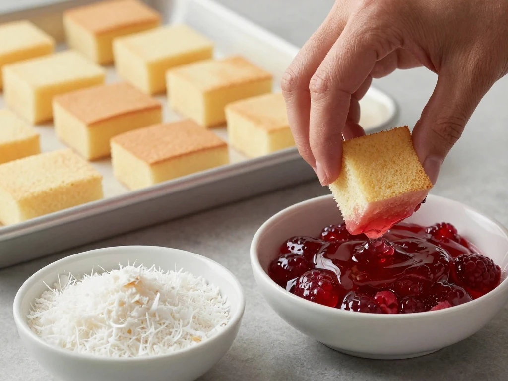 Sponge squares being coated in raspberry jelly before rolling in coconut