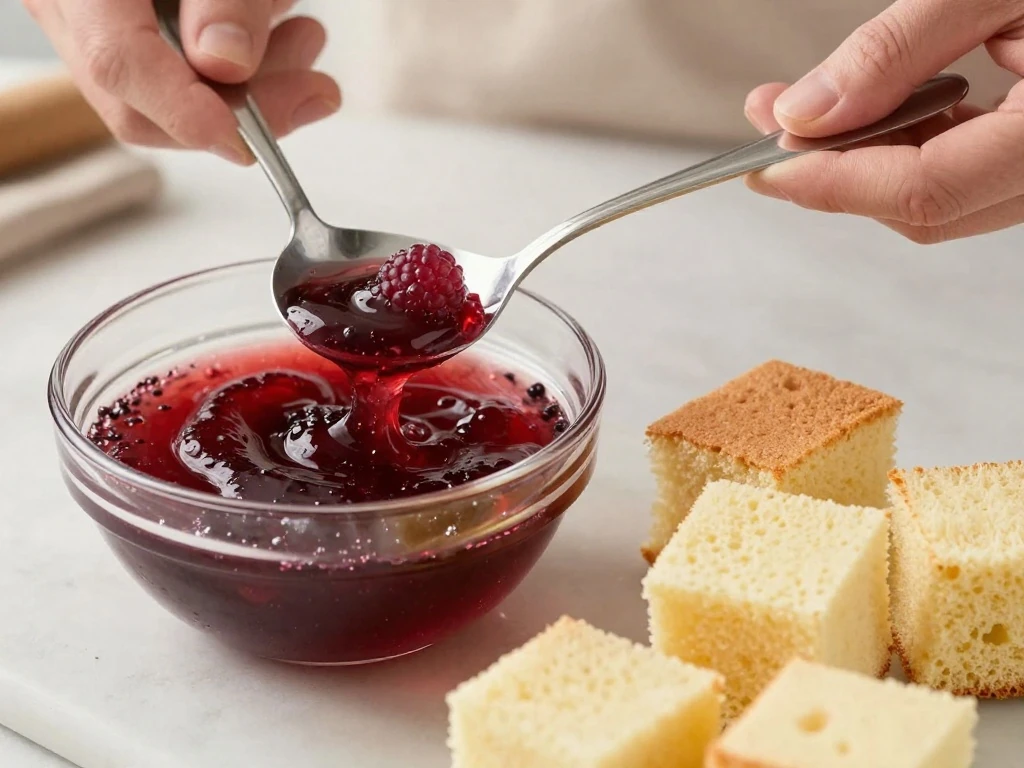 Partly thickened raspberry jelly ready for coating sponge pieces