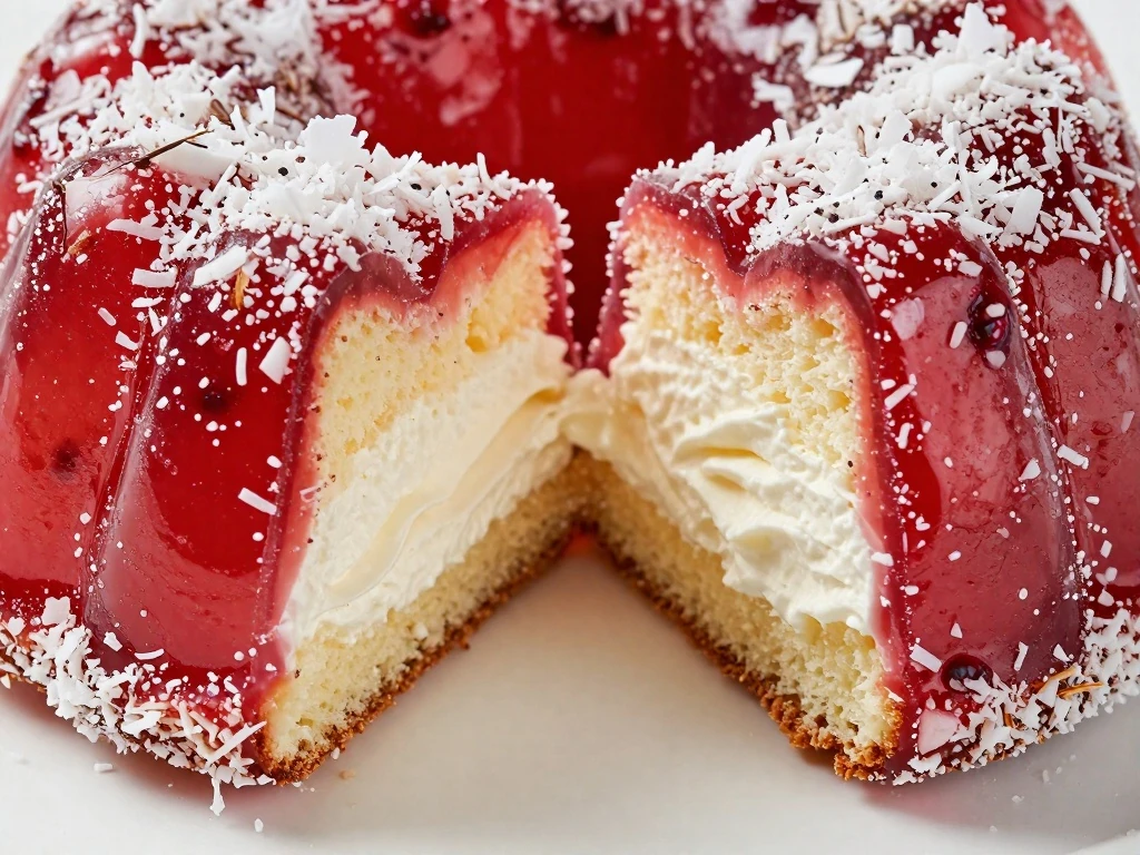 Cross-section of a neat coconut-covered jelly cake filled with whipped cream